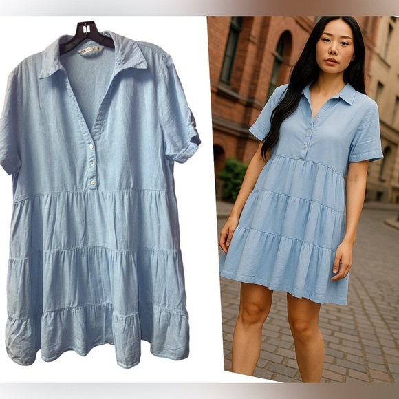 Zara Sky Blue Tiered Mini Dress - Picture 1 of 4